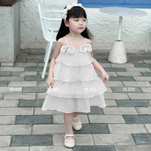 Váy bé gái đầm hai dây tơ nhiều tầng OH KIDS chất tơ mềm mát hai lớp cho bé gái 8-35kg OH35