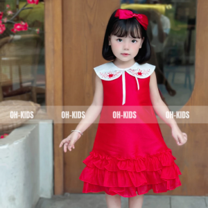 Váy bé gái đầm công chúa sát nách OH KIDS vải Tafta thêu hoa màu đỏ quà tặng sinh nhật cho bé OH04