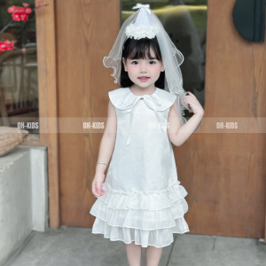 Váy bé gái đầm công chúa OH KIDS vải Tafta thêu hoa màu trắng quà tặng sinh nhật cho bé 8-23kg OH04