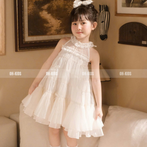 Váy Bé Gái Cổ Yếm Nhiều Tầng Đầm Công Chúa Voan Trắng Gắn Nơ Dễ Thương- OH KIDS OH08