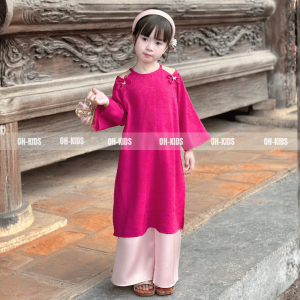 Set Áo Dài Bé Gái Lụa Gấm Mịn Cao Cấp -, Thiết Kế Cổ Yếm Thêu Nơ - Phù Hợp Lễ Tết - OH KIDS