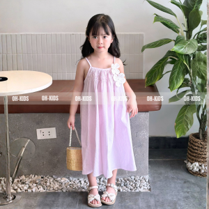Váy Bé Gái Đi Biển Kẻ Sọc Đính Hoa 3D, Vải Thô Cotton, Phù Hợp Đi Chơi, Đi Biển OH KIDS OH46