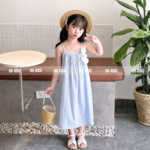 Váy Hai Dây Bé Gái Kẻ Sọc Đính Hoa 3D, Vải Thô Cotton, Phù Hợp Đi Chơi, Đi Biển OH KIDS OH46